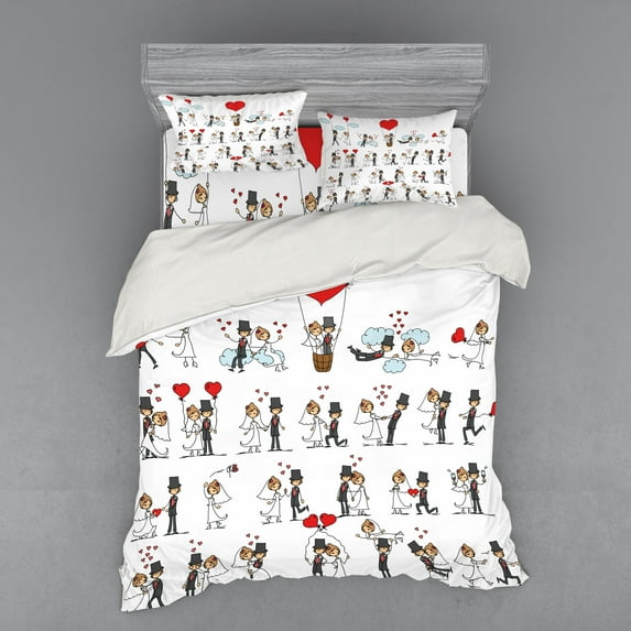 Ambesonne Cartoon Bedding Set 4 Pcs, Couple on Clouds, Queen, Red Mint Green Grey
