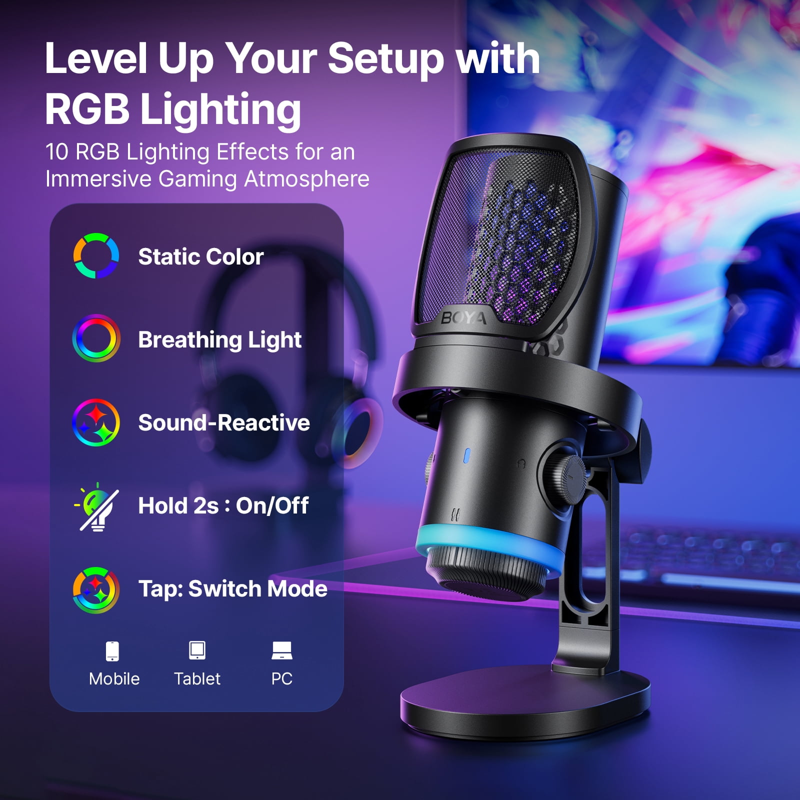 BOYA USB Gaming Microphone for PC, Mac, Phone, Streaming, Built-in DSP Quadruple Noise Reduction, CD Sound Quality, 9 RGB, (Desktop Stand)