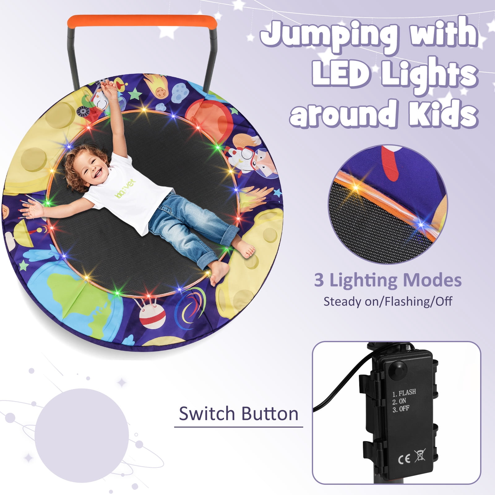 Gymax 36'' Foldable Kid Trampoline w/ 20 LED Lights Foam Handlebar Padded Safety Cover Purple