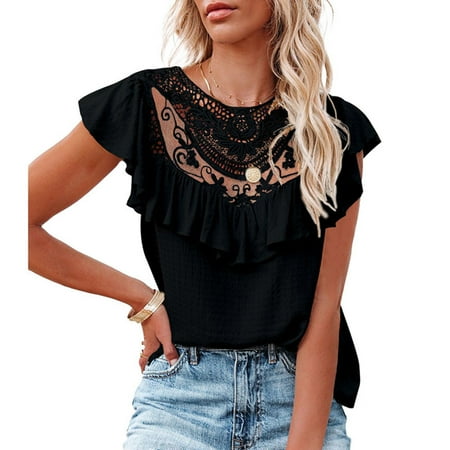 EOYWHK Womens Summer Tops Lace Ruffle Cap Sleeve Shirt Dressy Babydoll Tops Soft Comfortable Slim Fit Petite Blouse Clearance