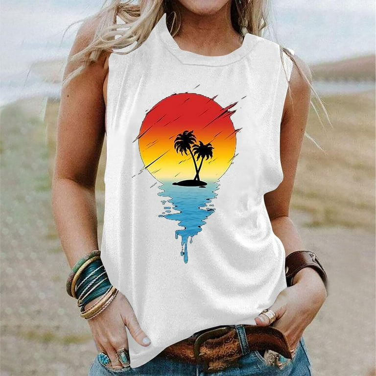 Yourumao Women Clearance Tops Sun Graphic Vest for Teen Girl Fall Summer  Sleeveless Crew Neck Beach Hawaiian Cami Tank Tropical Blouses Vest Womens