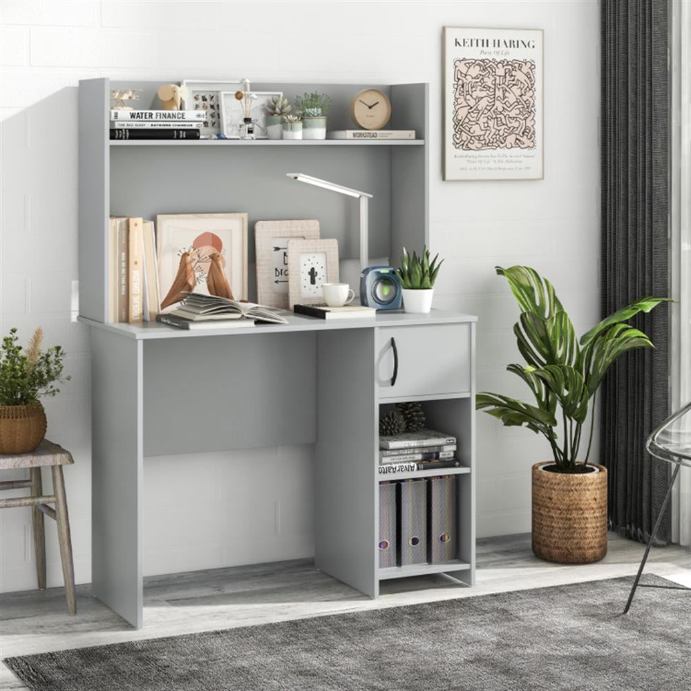Demi Bonn Home Computer Desk with Raised Display Shelf and 2 Open Shelves, Office Desk Study Writing Table, Gray