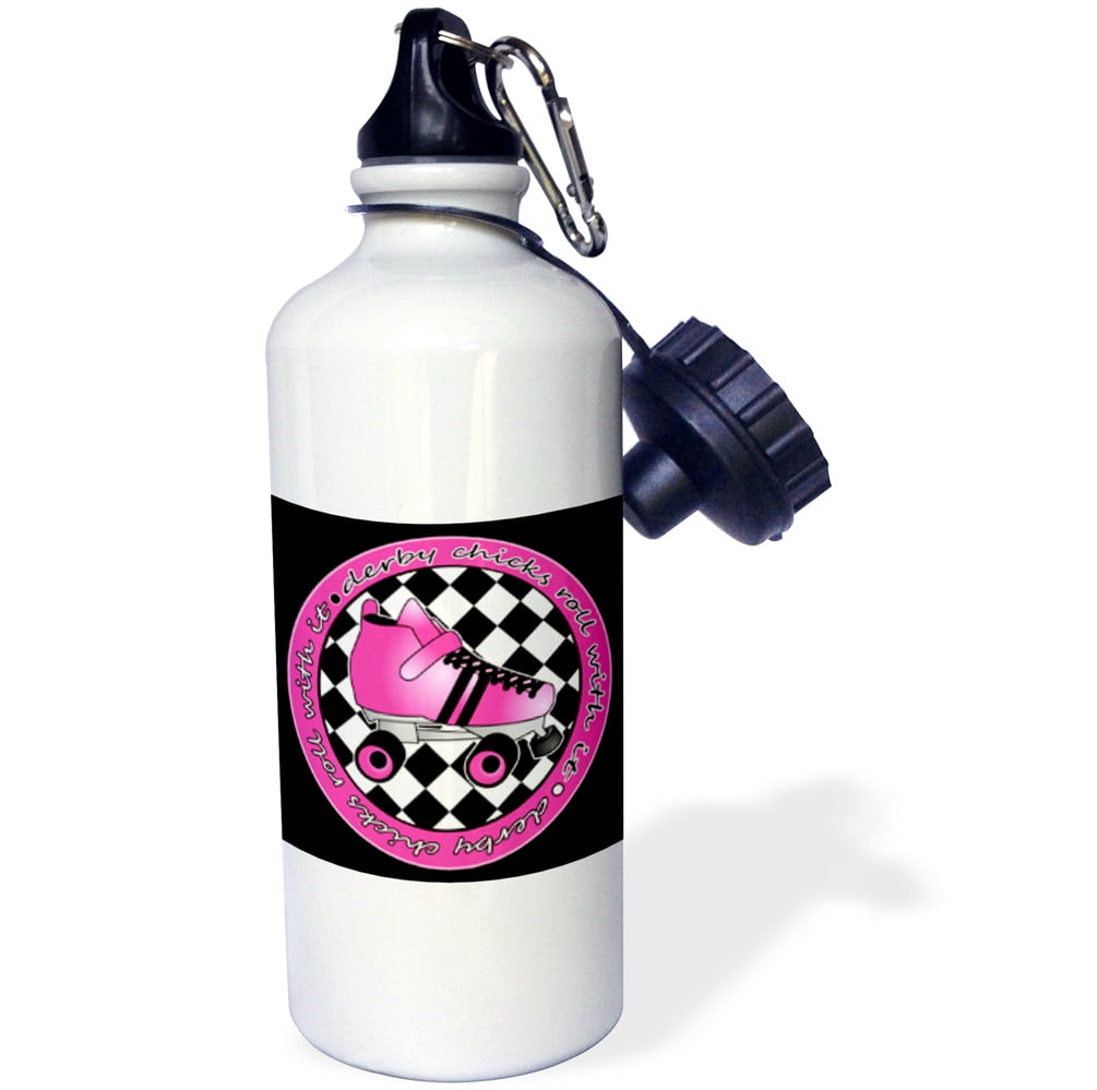 3dRose Derby Chicks Roll With It Hot Pink Roller Skate and Black, Sports Water Bottle, 21oz by 3dRose
