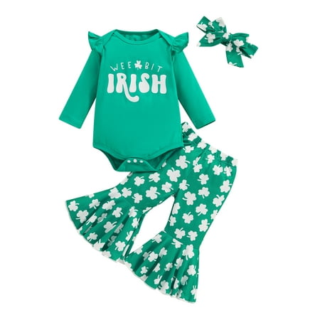

Arvbitana Baby Girls Ireland Festivals Outfits Long Sleeve Letter Print Romper + Shamrock Flare Pants + Headband 3M 6M 12M 18M Newborn Infant Cute 3Pcs Clothes Set