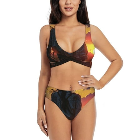 Zeuib Sunset Western Cowgirl High Waisted Tummy Control Bikini Set - Knot Front Push Up Top & Cheeky Thong Bottom  Two-Piece Swimsuit for Women-Large