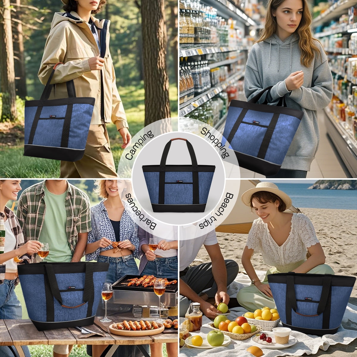 Large 38L Insulated Cooler Tote Bag with Front Pocket and Top Zipper, Collapsible Soft Cooler for Shopping, Beach, Camping, Work,BB1102 Navy