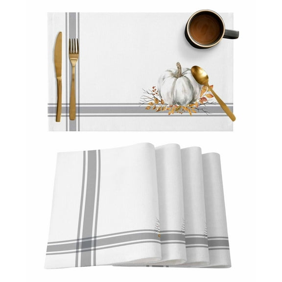 Gray Pumpkin Placemats Set of 6 Thanksgiving Fall Leaf Vintage Farmhouse Heat Insulation Washable Place Mats, Rustic Non-Slip Table Mats for Dining Table Party Kitchen Decor,13x19 Inch