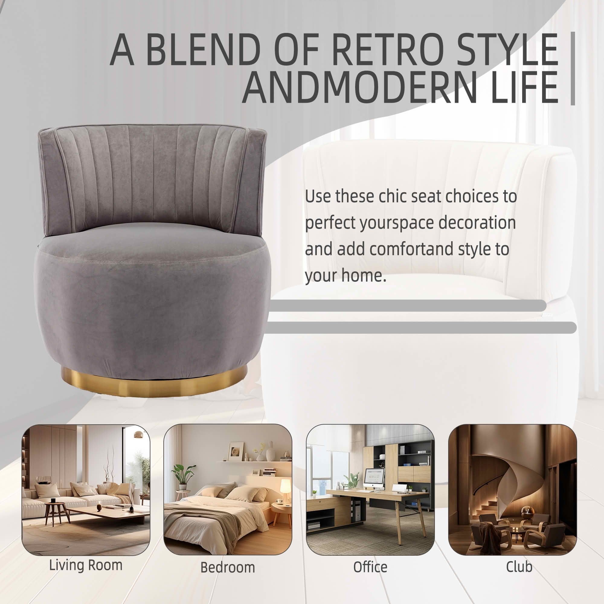 MAYEERTY 360 Degree Swivel Cuddle Barrel Accent Chair, Round Velvet Armchair, Gray, for Living Room Bedroom