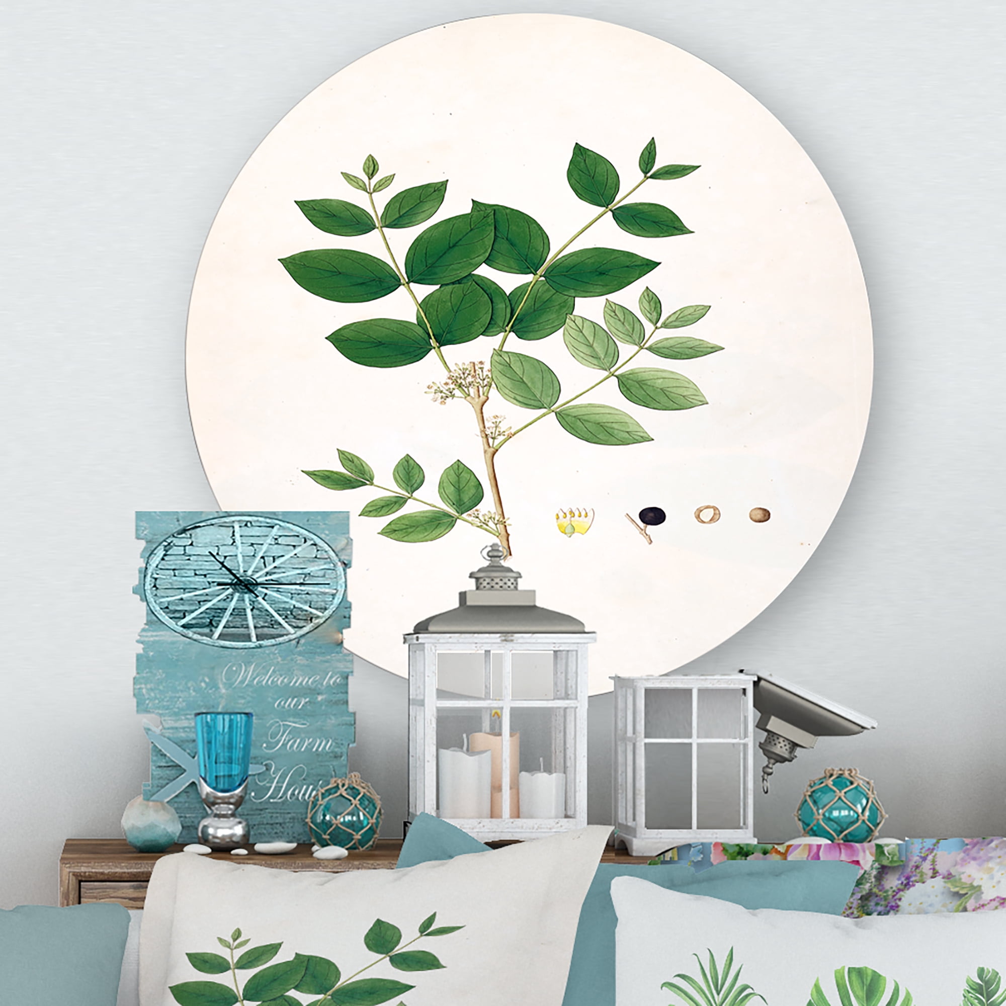 Designart 'Ancient Botanicals VI' Farmhouse Circle Metal Wall Art 11x11 - Disc of 11