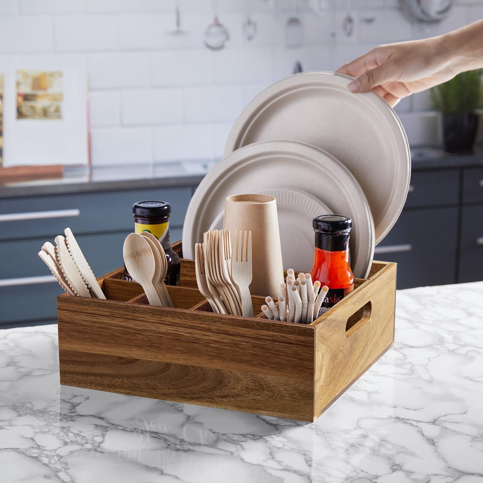 Emlimny Acacia Wood Utensil Holder,Paper Plate Organizer for Countertop,Rustic Utensil Caddy with 6 Compartments for Plate, Cup, Fork, Spoon - Cutlery Holder for Kitchen Camping Buffet