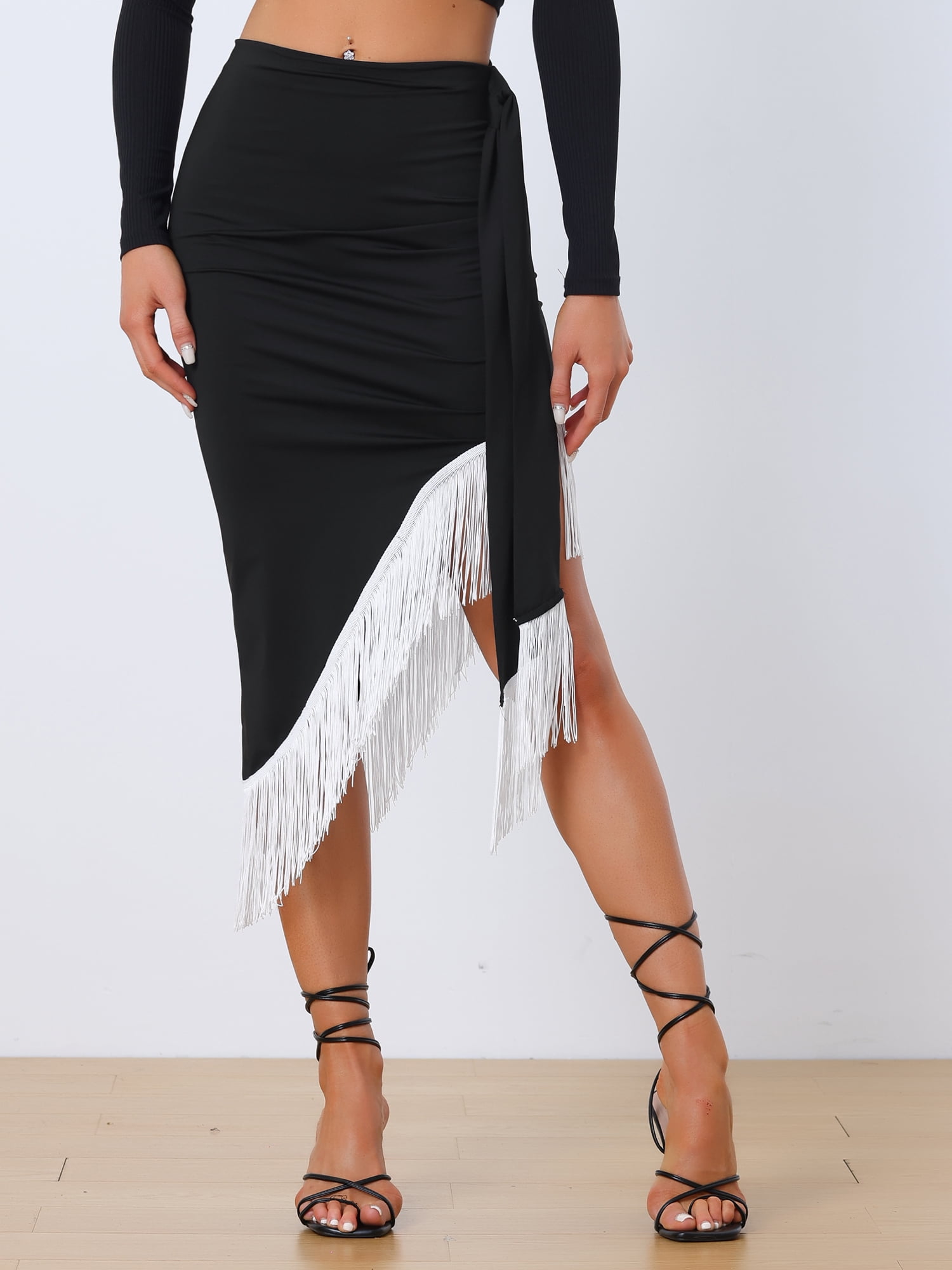 DARING DIVA Women's Fringe Trim Asymmetrical Ruched Tie Waist Midi Skirts S Black