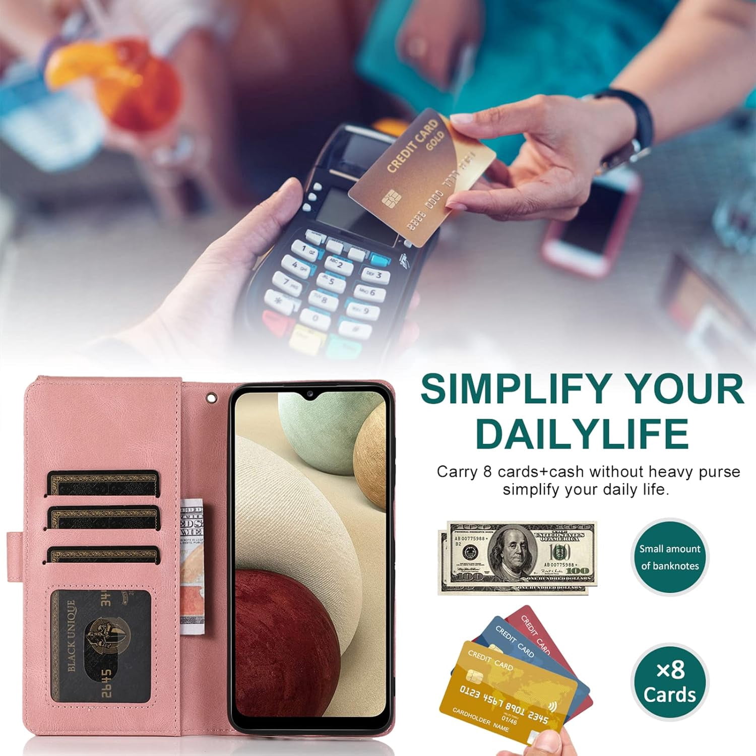 Compatible with Samsung Galaxy A12/M12 Wallet Case Tempered Glass Screen Protector Zipper Leather Flip Cover Card Holder Cell Phone Cases for Glaxay A 12 5G Gaxaly A-12 S12 12A 4G Women Rose Gold