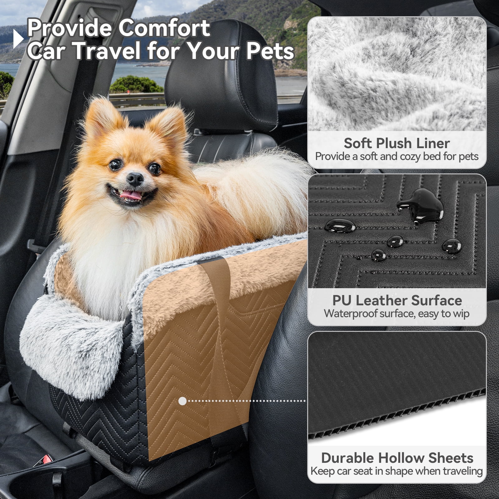 PETSFIT Center Console Dog Car Seat, Portable Car Seat for Dogs with Safe Protective Hooks, Luxury Dog Car Seats for Small Dogs, Dog Car Carrier Includes Safety Tether for Pets Up to 12 lbs (Black)
