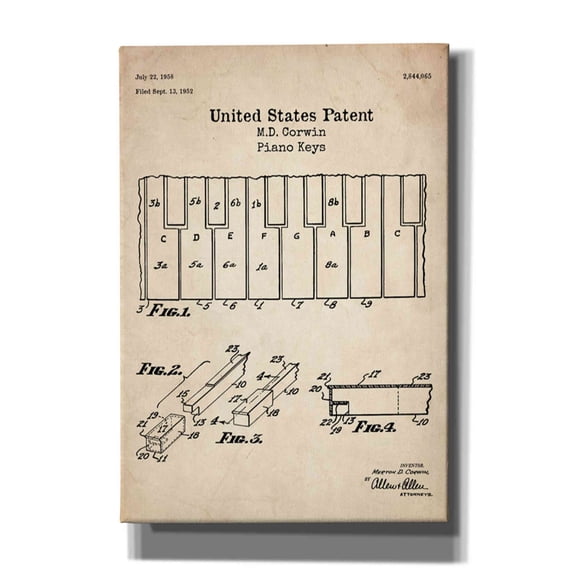 Epic Graffiti "Piano Keys Blueprint Patent Parchment" Giclee Canvas Wall Art, 18"x26"