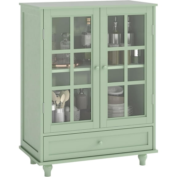 Narrow Glass Display Cabinet, Sideboard with Storage, 38" Kitchen Buffet Storage Cabinet with 2 Glass Doors and 1 Drawer, Mint Green