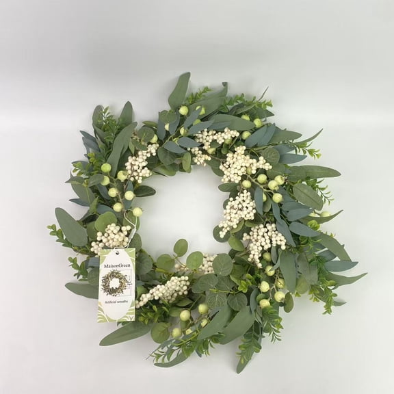 MaisonGreen Artificial wreaths,Artificial Spring Summer Christmas Greenery Wreaths for Front Door Green Eucalyptus Leaf Wreath Decor Boxwood with Big Berries