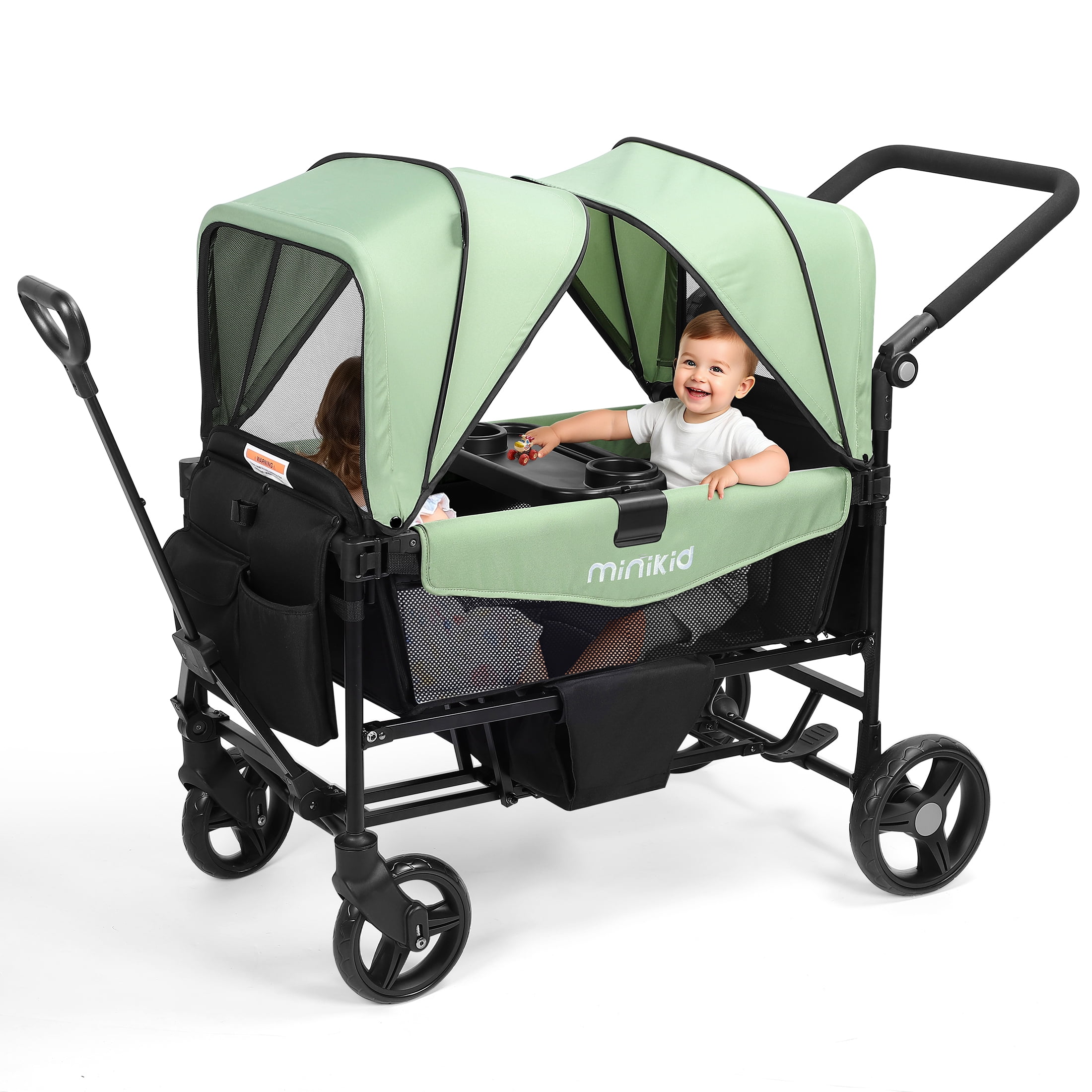 Minikid Baby Stroller Wagon for 2 Kid,Push Wagon Stroller with Canopy,Removable Dinner Plate, 5-Point Harness,Adjustable Handle Bar,Green