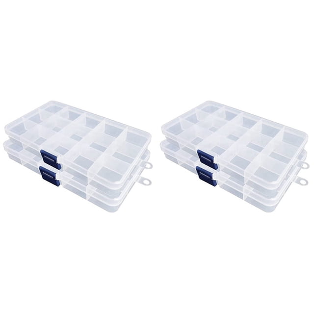 Caja organizadora de plástico, paquete de 4 organizadores de cuentas transparentes para aparejos de joyería, aretes, cuentas artesanales (15 rejillas)