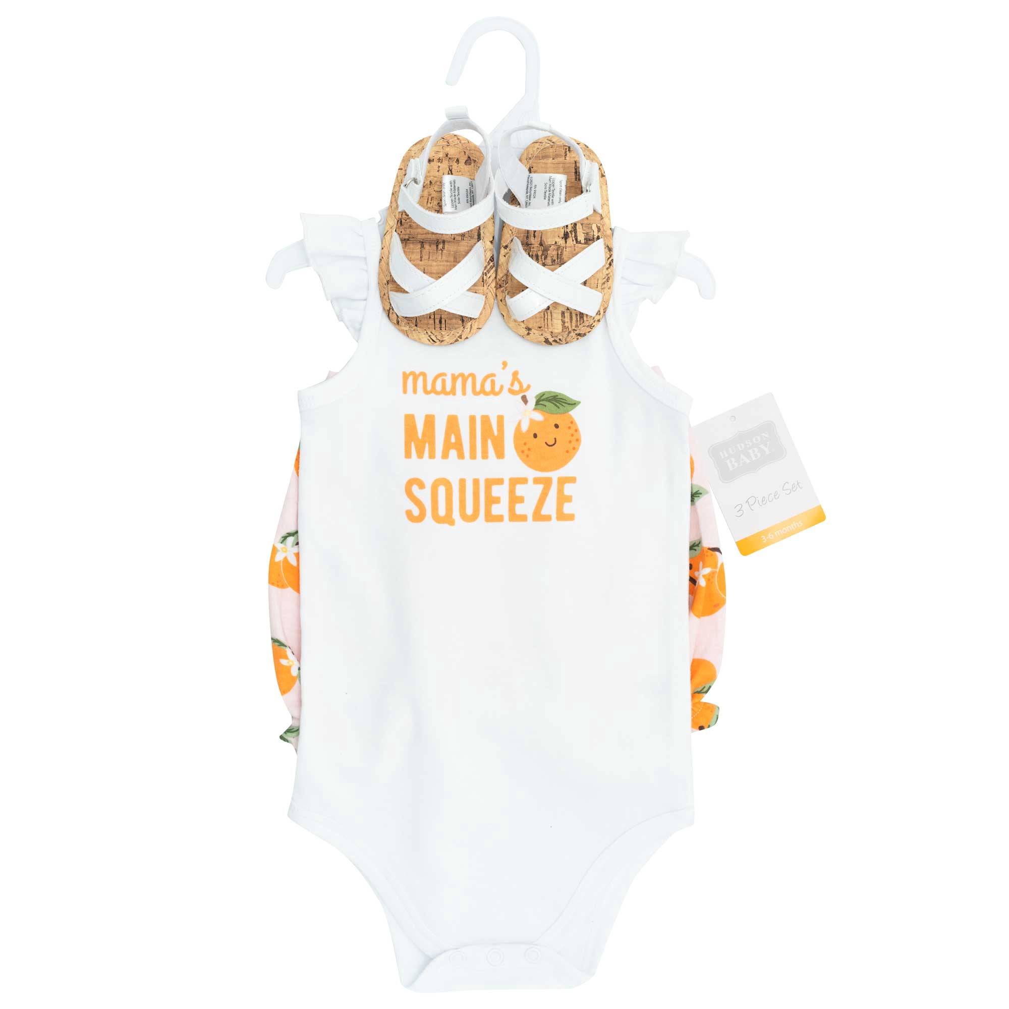 Hudson Baby Girl Cotton Bodysuit, Shorts and Shoe Set, Main Squeeze Orange, 9-12 Months