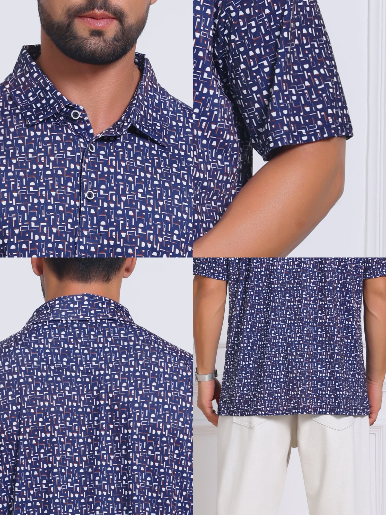 DARING DIVA Men's Printed Short Sleeve Lightweight Breathable Polo Shirts L Dark Blue