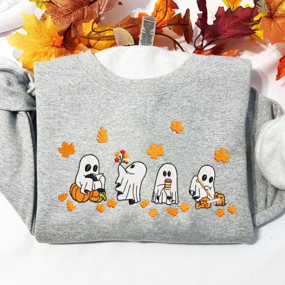 Embroidered Spooky Ghosts With Fall Leaves Sweatshirt
