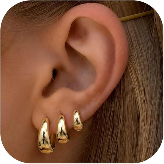 3Pairs Gold Hoop Earrings Set for Women Chunky Gold Silver Earring 14K Gold Filled Hypoallergenic Small Huggie Hoops Lightweight Tiny Thick Trendy Hoop Earrings Stacks for Multiple Piercing