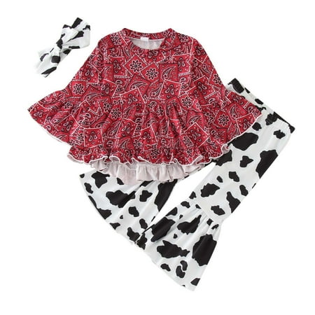 

koaiezne 3pcs Toddler Kids Baby Girls Autumn Clothes Sets Long Sleeve Floral Print Dress Tops Cow Flared Pants Headband Outfits Baby Congratulations Gift Basket Girl Shirt Set