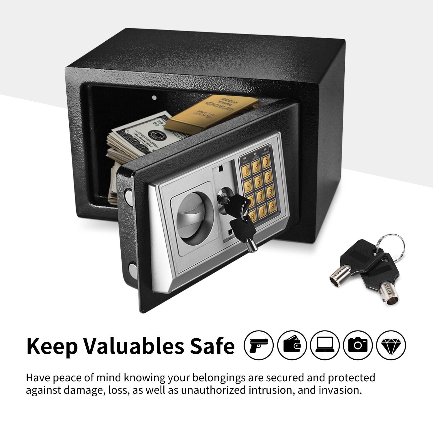 Digital Electronic Safe Box Keypad Lock Security Cabinet with Hidden Wall Mount Anchoring 2 Keys For Gun Money Cash Deposit Jewelry Passport Valuable Home Office Hotel (12"x8"x8")