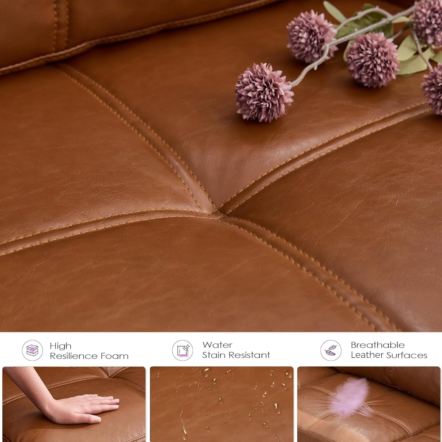 AODAILIHB 65" W Faux Leather Loveseat Sofa, Modern Tufted Comfy Office Small Couch w/USB Charging Ports and Wide Arms, Brown