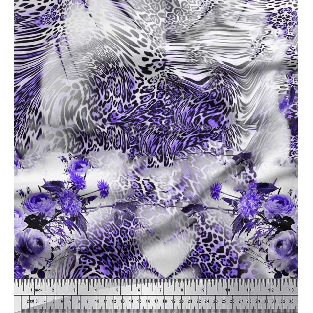 Soimoi Purple Rayon Fabric Rose,Floral & Leopard Animal Skin Printed Fabric 1 Yard 42 Inch Wide