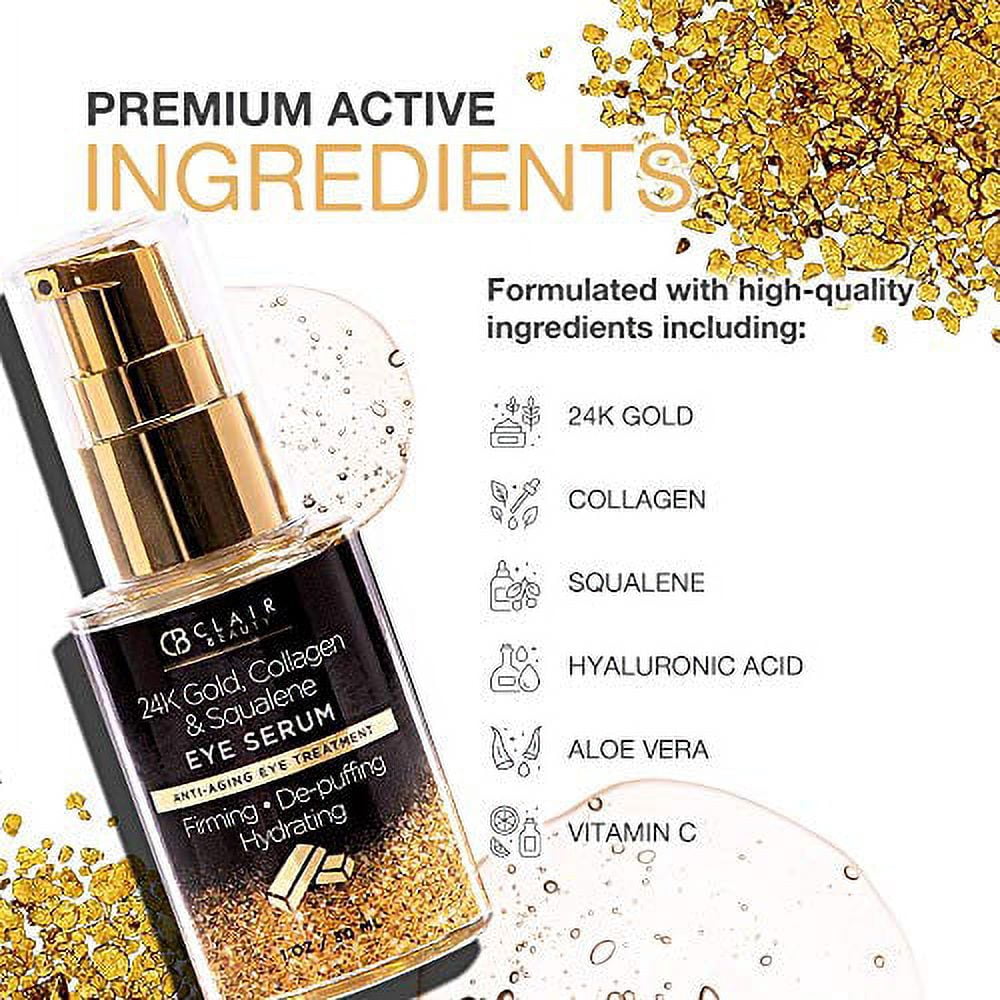 Clear Beauty 24K Gold, Collagen & Plant-Derived Squalene Eye Serum – Vegan Anti-Aging Eye Treatment, Firming & Hydrating, 1 oz