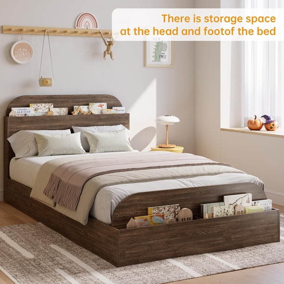 Space-Saving Twin XL Size Wooden Platform Bed Frame with Storage Headboard & Raised Footboard – Sturdy Wood Slats, No Box Spring Needed, Easy Assembly – Walnut, Twin XL Size