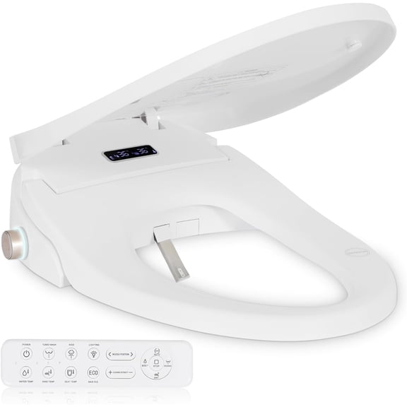 Smart Heated Toilet Seat for Elongated V-Shaped Toilets – Bidet Warm Water Wash, Self-Cleaning Nozzle, Warm Air Dryer, Deodorizer, Soft-Close Lid, LED Night Light & Remote Control, Easy Install