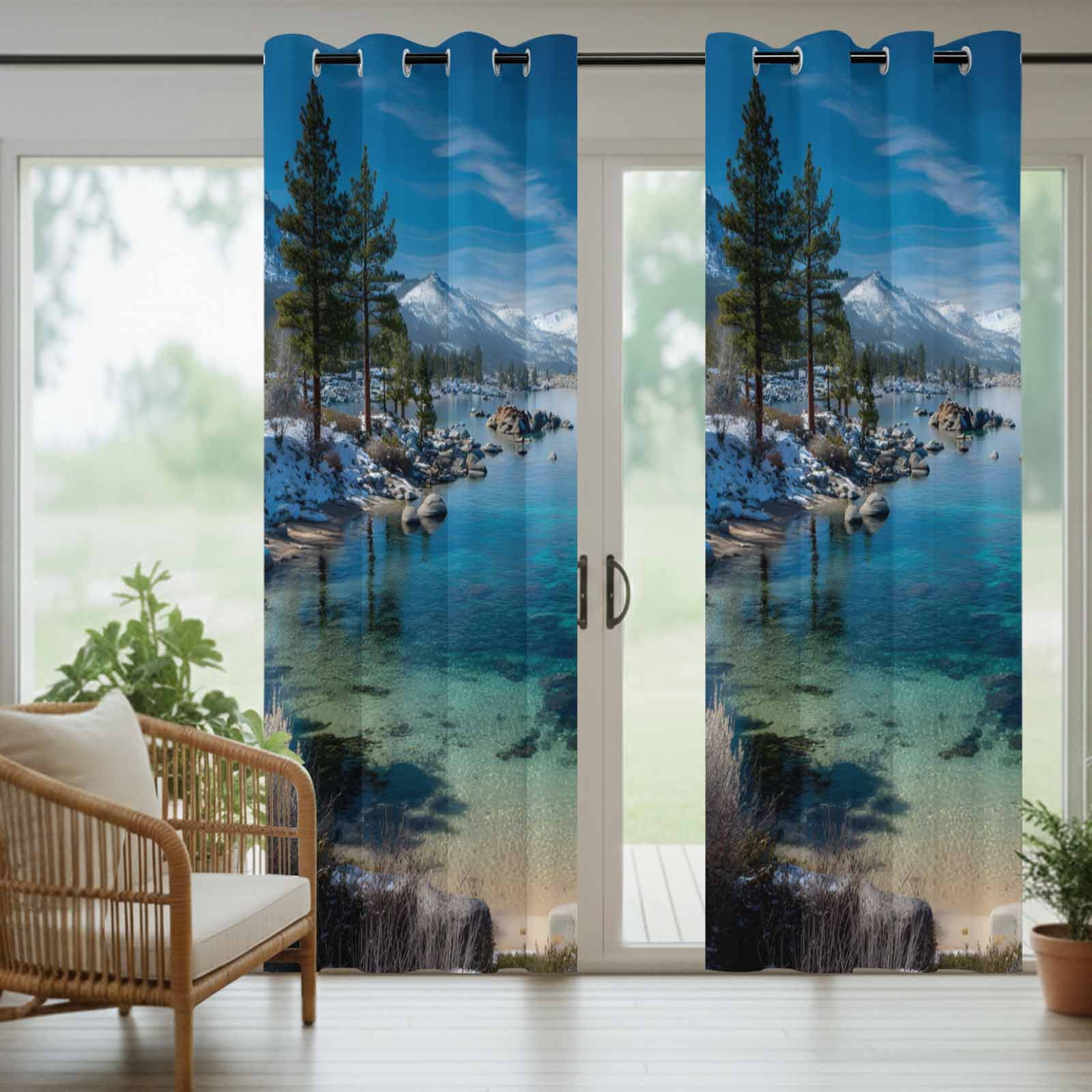 2 Panels Outdoor Curtains for Patio Waterproof 54"x108" Nature Forest Weatherproof Privacy Outsides Curtains, Blue Sky Mountain Stone Lake Landscape Grommet Thermal Drapes for Cabana Porch Pergola