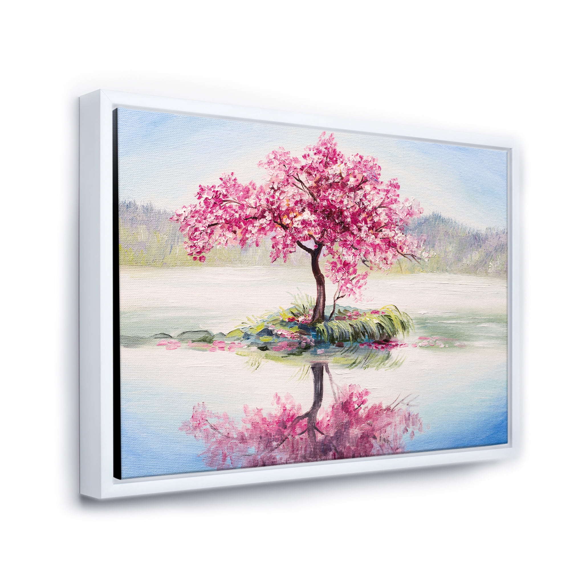 Designart 'Oriental Cherry Pink Tree Sakura On The Lake' Lake House Framed Canvas Wall Art Print