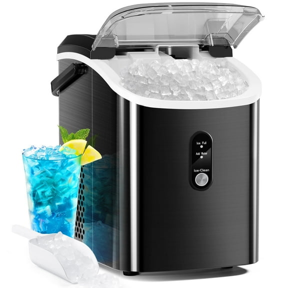 FREE VILLAGE Nugget Ice Maker Countertop, Pebble Ice Maker Machine with Soft Chewable Ice, 34lbs/24H, Self-Cleaning, One-Click Operation, Stainless Steel, Crushed Ice Maker for Home Kitchen Party