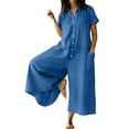 thumbnail image 2 of Women's Loose-Fitting Linen Jumpsuit with Short Sleeves and Solid Color, 2 of 7