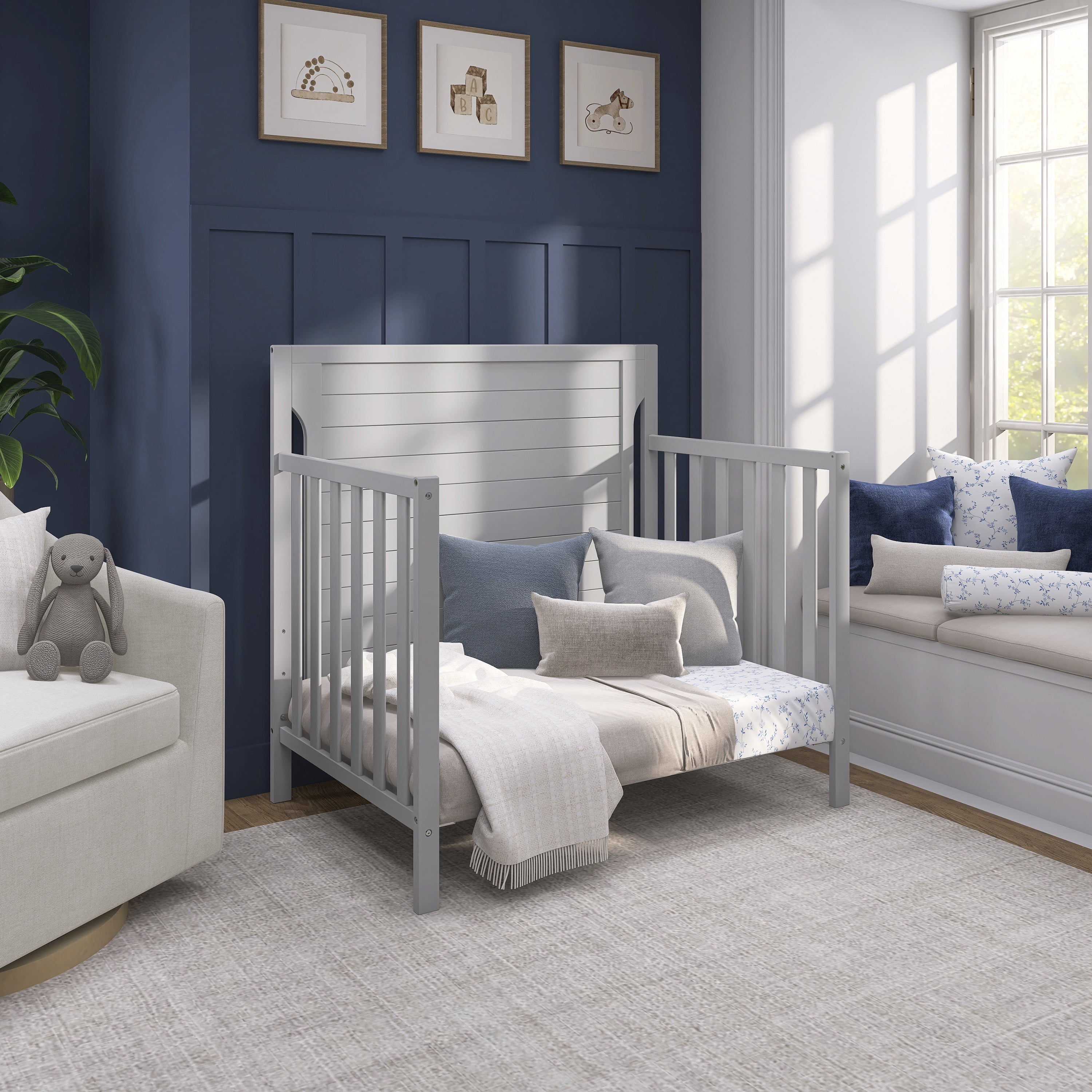 Dream On Me Bellport 4 in 1 Convertible Mini/Portable Crib in Pebble Grey, Non-Toxic Finish, Made of Sustainable New Zealand Pinewood, with 3 Mattress Height Settings