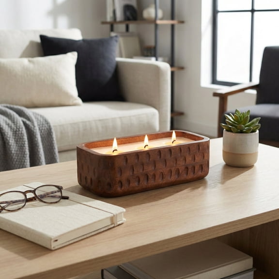 Decorative Votive Scented Candle in Mango Wood for Living Room Decor - Large Pillar Candle for Men and Women - Indoor and Outdoor Safe for Living Room, Bedroom, or Bathroom Decor - 4", Brown