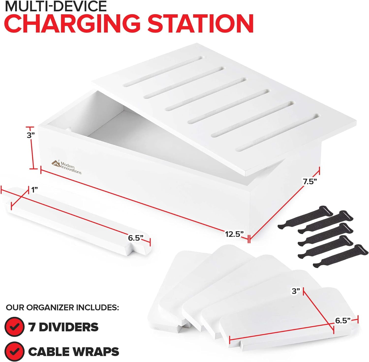 Bamboo Charging Station for Multiple Devices (White) Wood Device Organizer, Desk Docking Stand for Cell-Phone Charger, Compatible with Apple, Android, iPad, iPhone, Tablet, Laptop