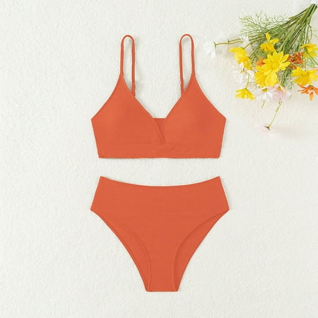 Quaouag Girls Swimsuit Two-Piece Solid Color V-Neck Adjustable Straps Swimwear Bikinis Sets Black Red Orange Green 140 150 160 170
