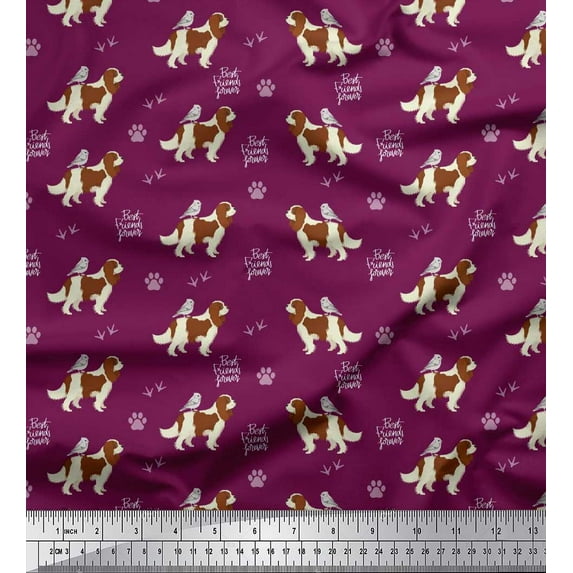 Soimoi Pink Velvet Fabric Bird,Paw & Cocker Spaniel Dog Fabric Prints By Yard 58 Inch Wide