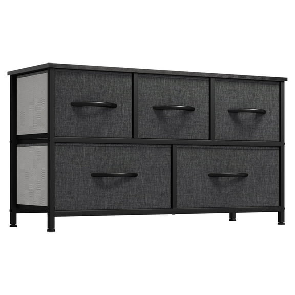 Hyxoo 5 Drawers Dresser Gray Fabric Chest Cabinet Tower Storage Organizer Bedroom