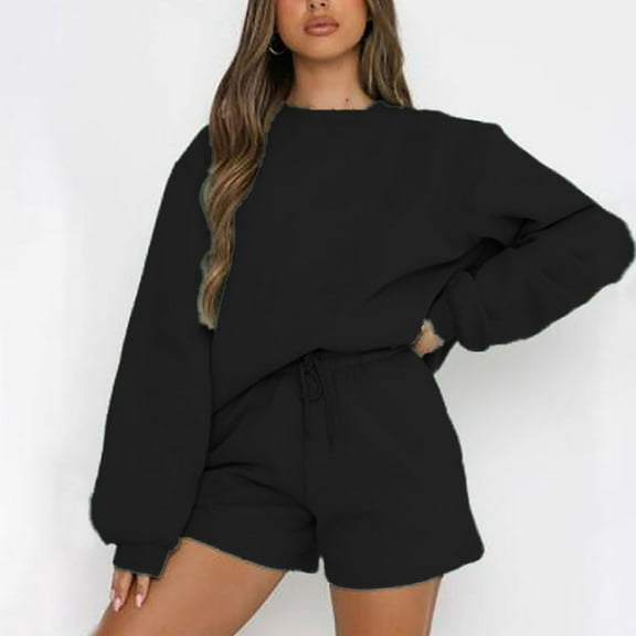 Riforla Womens Autumn Winter Casual and Comfortable Solid Color Round Neck Long Sleeve Sweatshirt Shorts Set Short sets Black L
