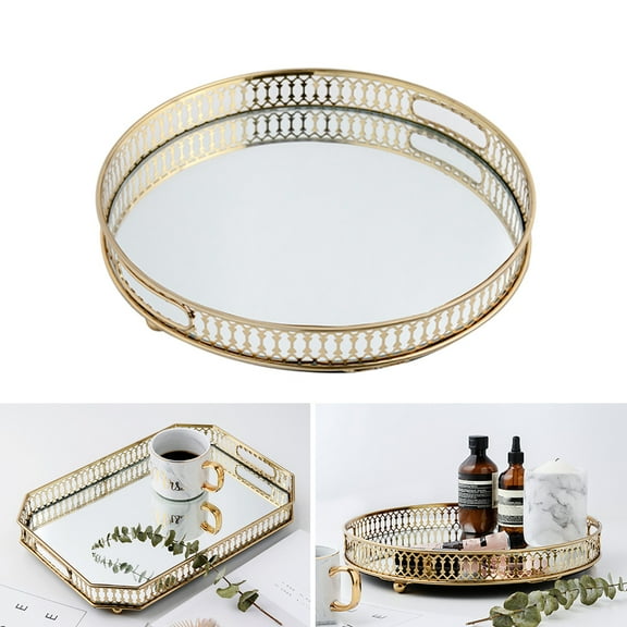 Decorative tray metal glass vintage mirror glass storage compartment mirror tray gold round fruit plate desktop small items jewellery display tray plate.