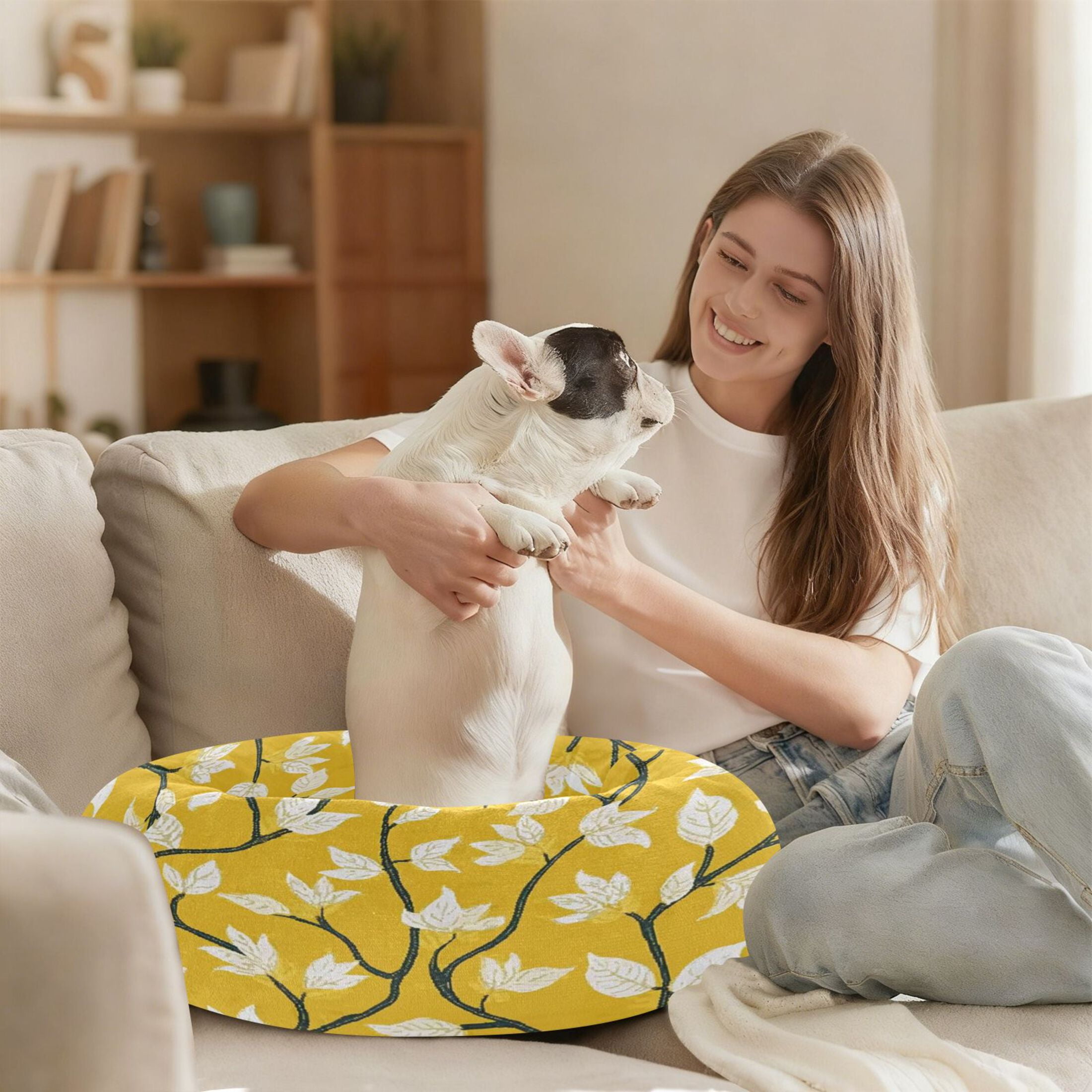 Iauyy Pet Couch Donut Cat Bed for Indoor Cats/Small Dogs Washable & Machine with Non-slip Bottom Calming Cat Furniture, Vine Leaves (S)