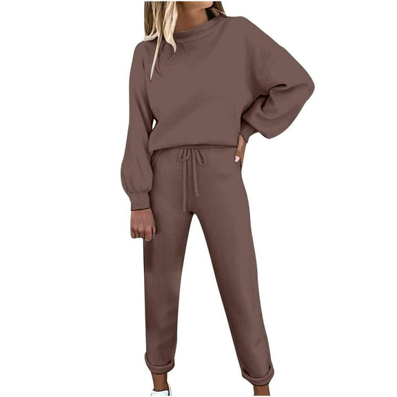 Women's 2 Piece Outfits Casual Suits Two Piece Crewneck Top Drawstring Pants Sets Lounge Fall Sweatsuits (L, Bronze)