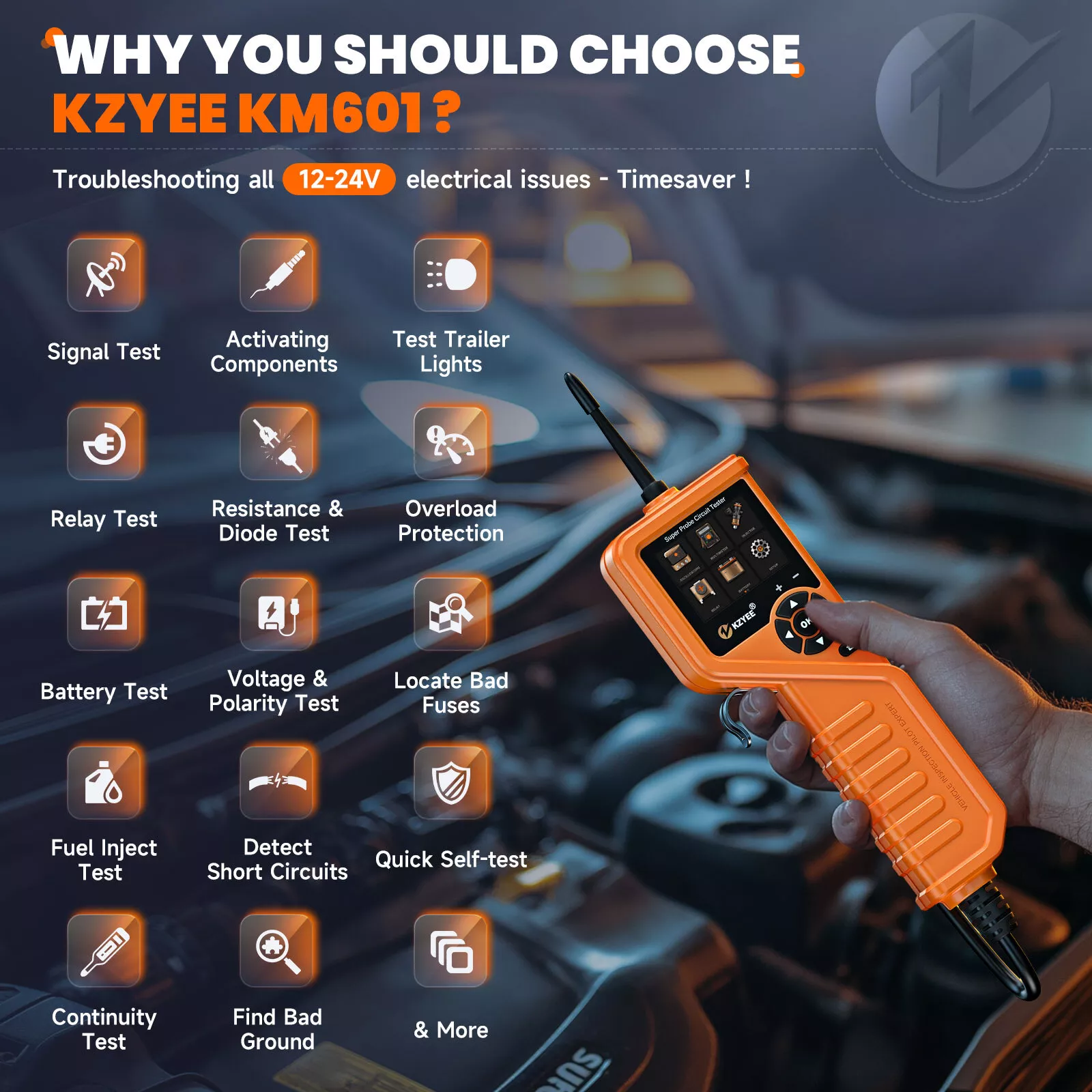 KZYEE KM601 Power Circuit Probe Kit, 12V & 24V Automotive Power Circuit Probe Tester Kit Battery Testing, Relay Testing, Fuel Injection Circuit Test, Manual Activation Components