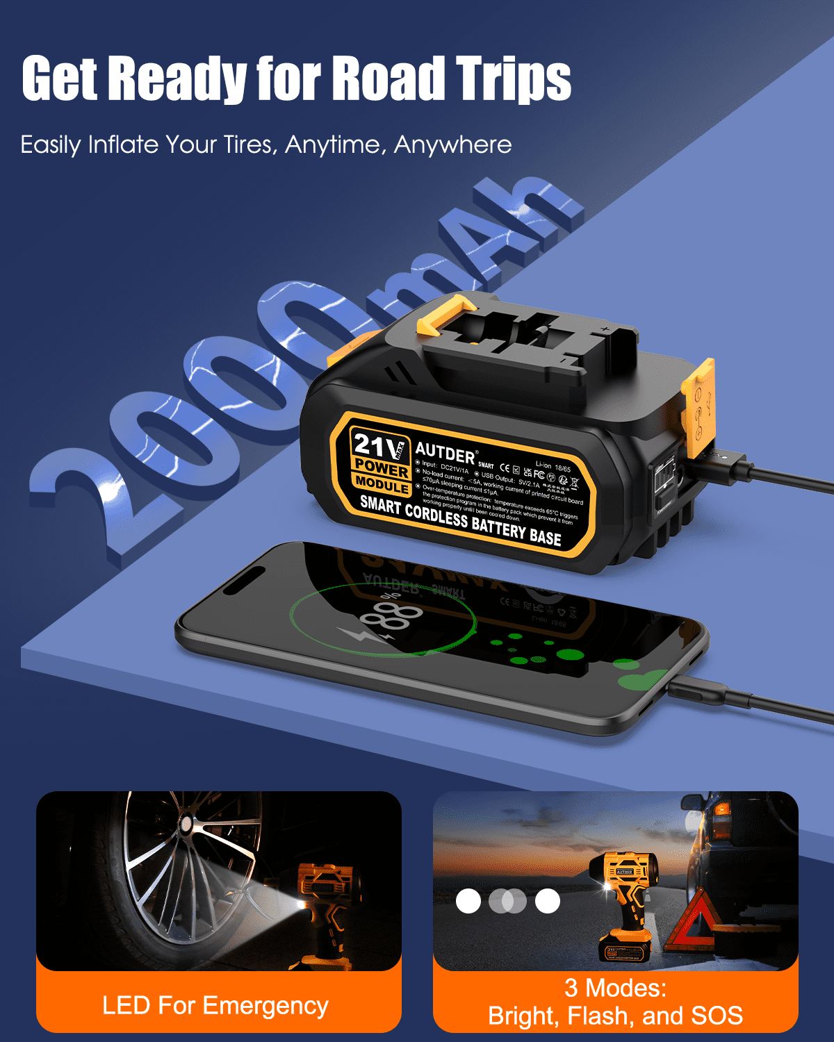 Autder Tire Inflator 180 PSI Cordless Air Compressor with Battery and Car Adapter, Yellow