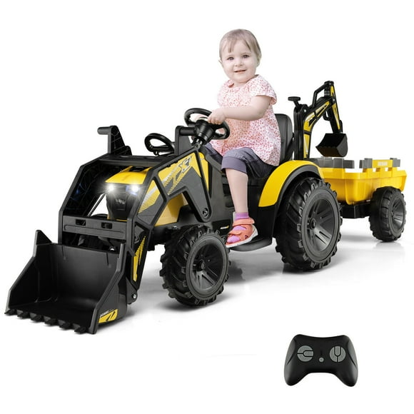 Gymax Tracteur Électrique 12 V pour Enfants 3-en-1 avec Télécommande, Excavatrice, Bulldozer et Remorque, Jaune